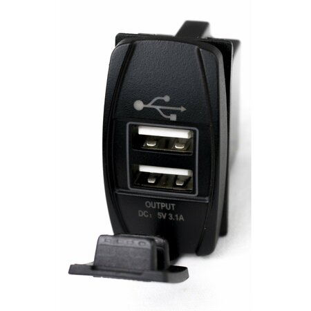 RACESPORT LT SWITCH 12 Volt DC; 3.1 Amp; Rocker Switch; Blue LED Radiance; Black; With 2 Port USB Charge Panel RSRSUSBB